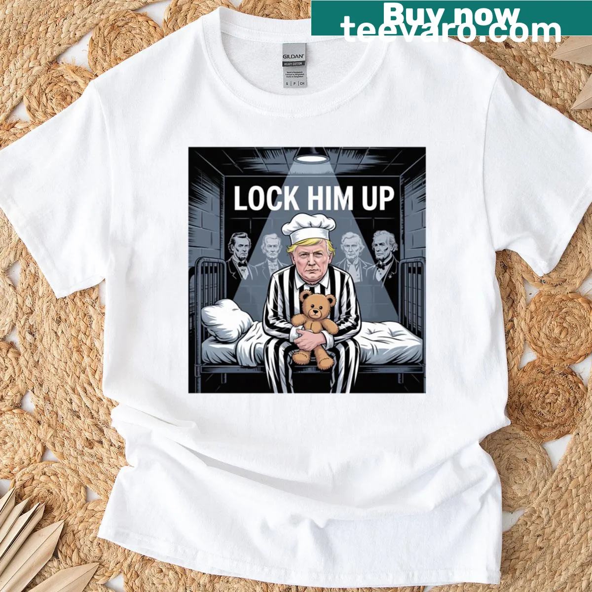 Anti Donald Trump t-shirt with bold text 'Lock Him Up' — on a men's t-shirt