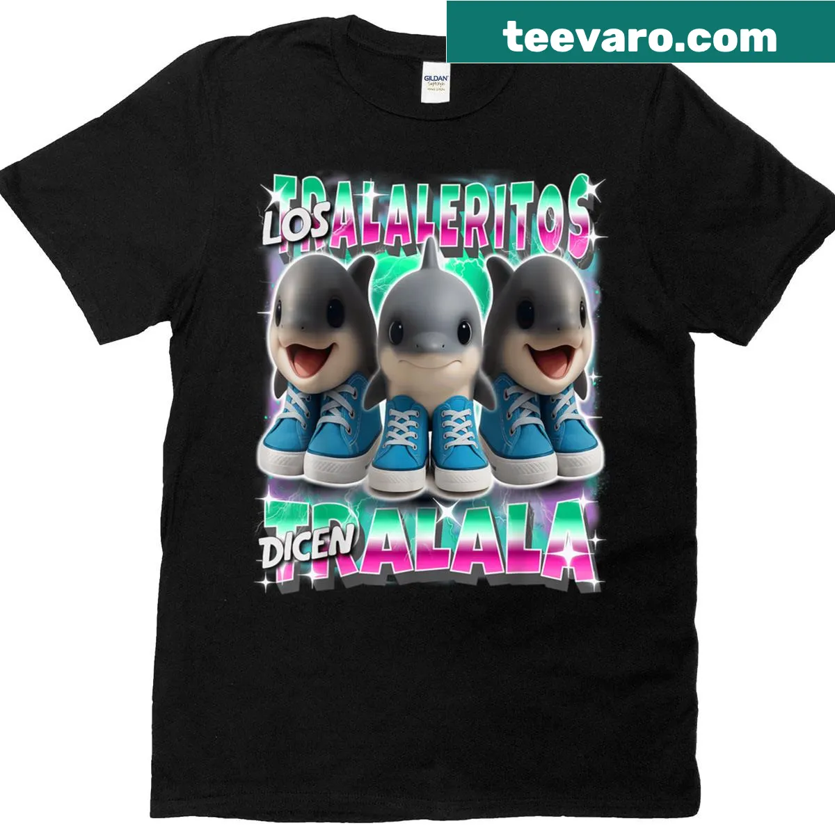 Kids' T-shirt with a cartoon shark and the text 'Los Tralaleritos Dicen Tralala' — on a men's t-shirt