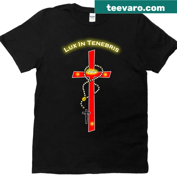 Inspirational t-shirt with 'Lux In Tenebris' and rosary design