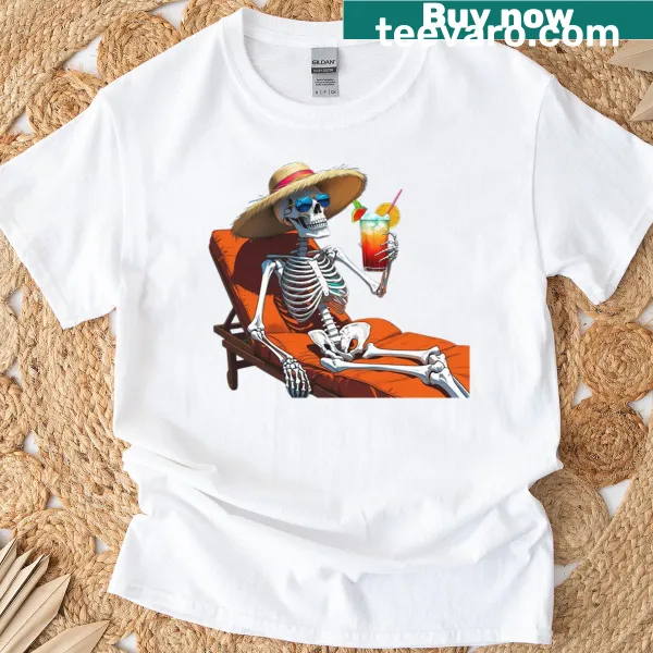 Skeleton sipping a drink in the afterlife illustration on T-shirt