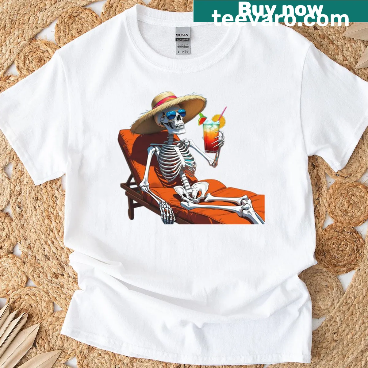 Skeleton sipping a drink in the afterlife illustration on T-shirt — on a men's t-shirt