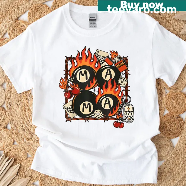 Retro tattoo-style T-shirt with flames, dice, and cherries