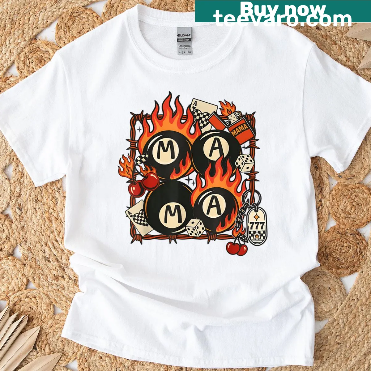 Retro tattoo-style T-shirt with flames, dice, and cherries — on a men's t-shirt