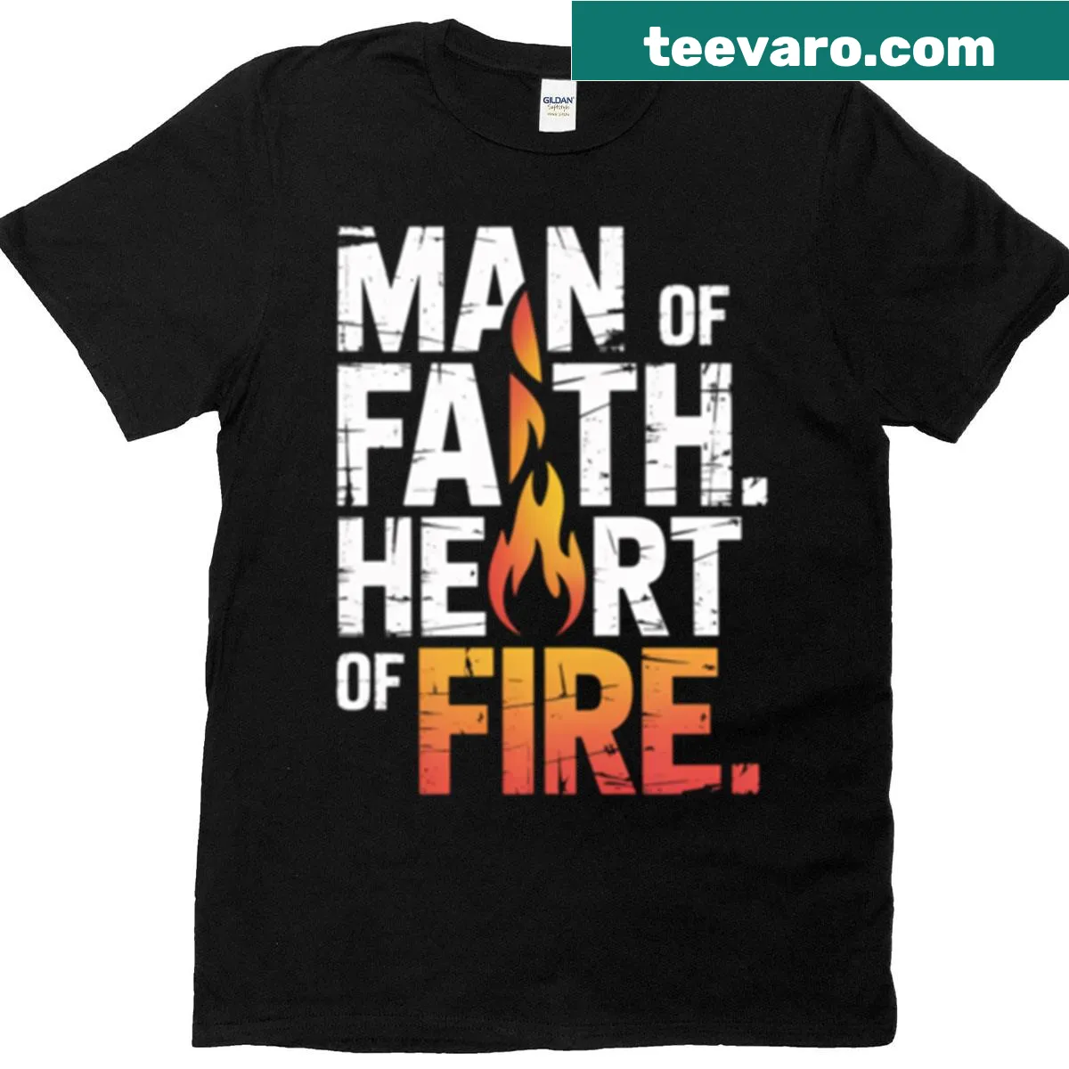T-shirt displaying 'Man of Faith' with a fiery heart graphic — on a men's t-shirt