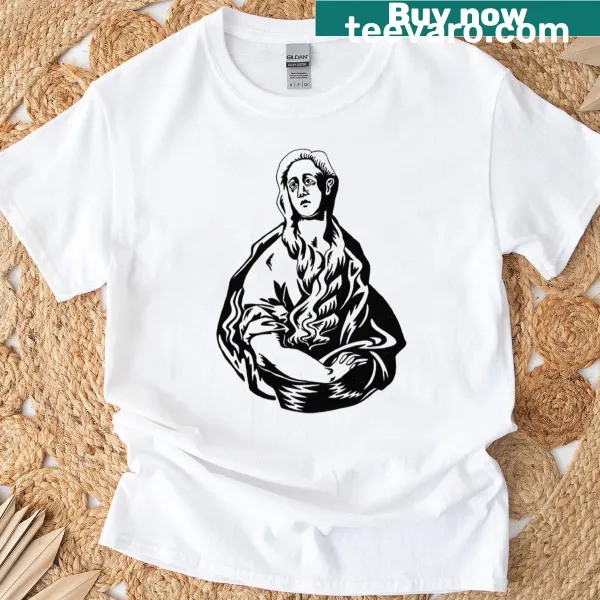 Illustration of Mary Magdalene in a repentant pose on T-shirt