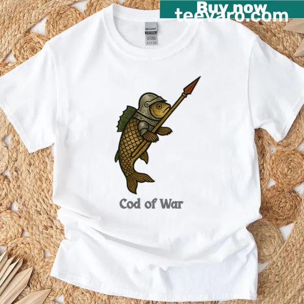 T-shirt with medieval-style cod fish in armor design