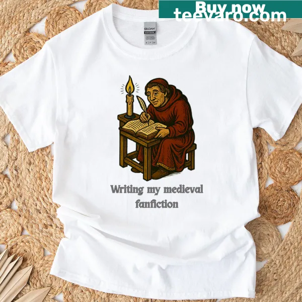 Candlelit writer meme t-shirt featuring quill and parchment design