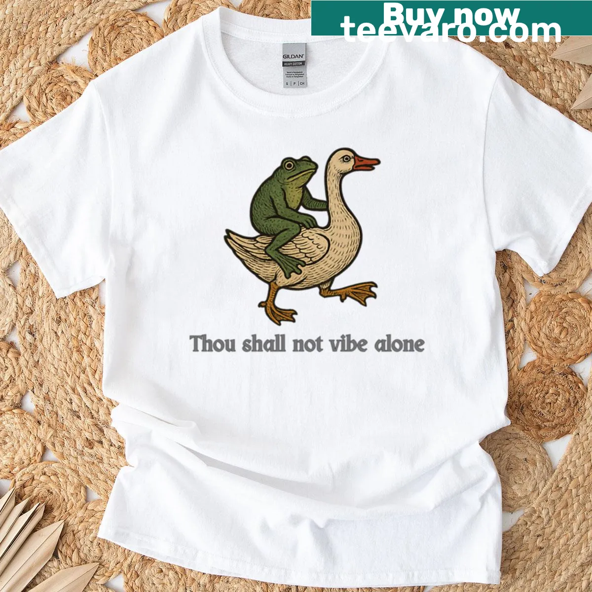 Illustration of a frog riding a goose in a medieval style — on a men's t-shirt