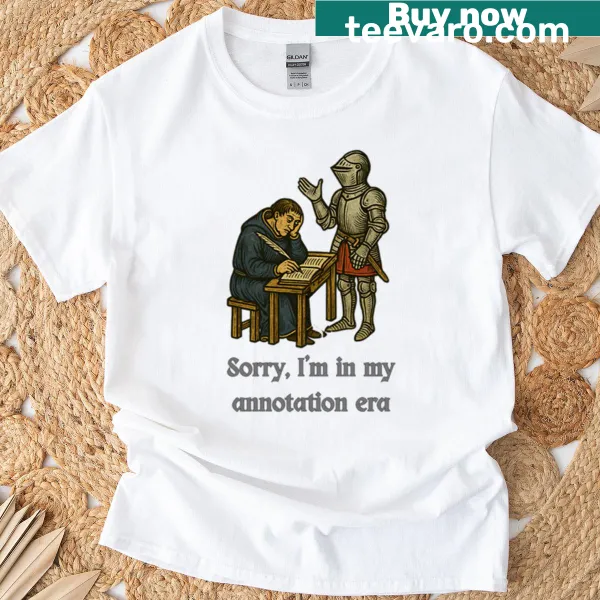 Humorous t-shirt illustrating a medieval scribe ignoring a knight