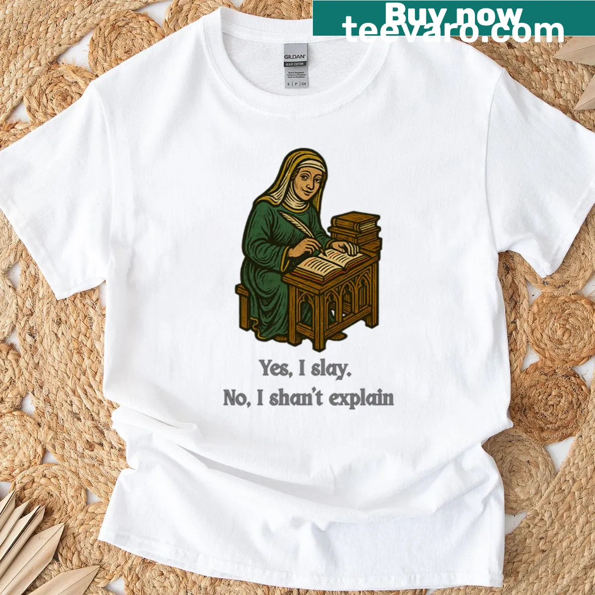 Illustration of a medieval woman scribe celebrating feminism — on a men's t-shirt