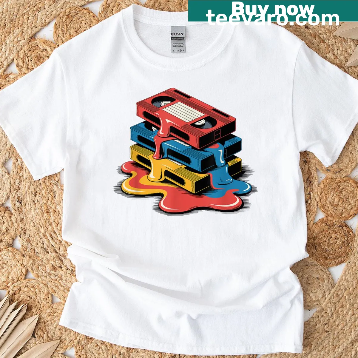 Retro t-shirt featuring a melting cassette player graphic — on a men's t-shirt