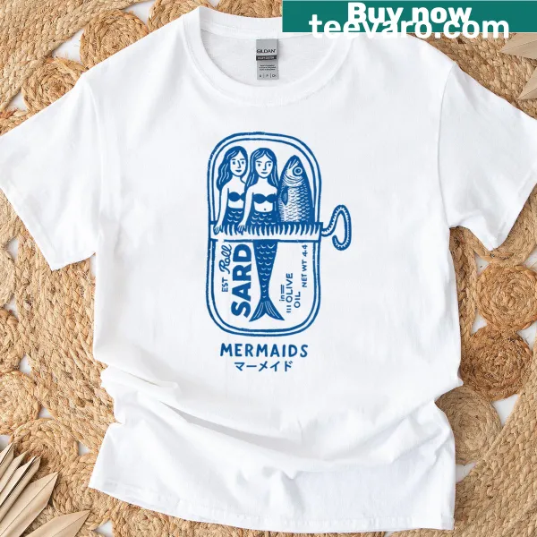 Vintage-style T-shirt featuring a mermaid in a sardine tin