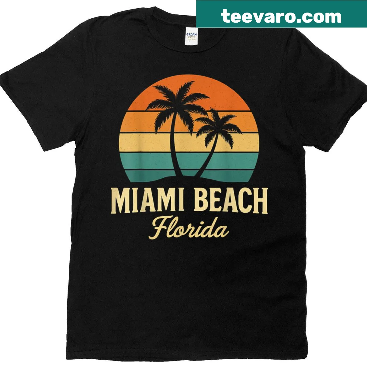 Illustrated vintage t-shirt with palm trees and sunset design — on a men's t-shirt