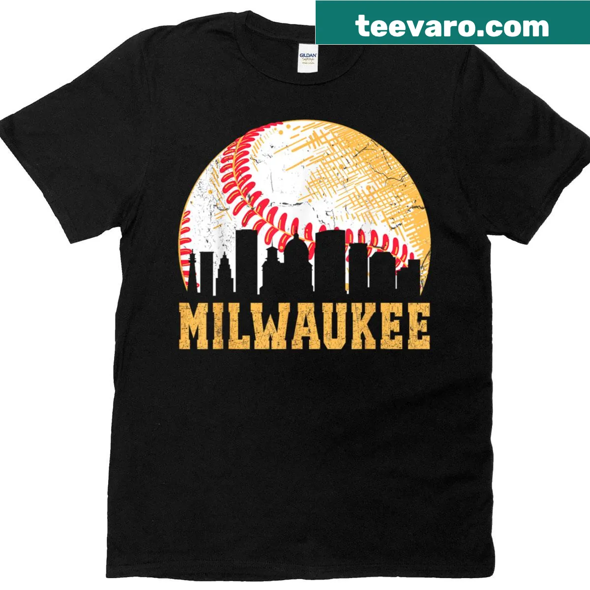 Illustrated t-shirt featuring the Milwaukee skyline — on a men's t-shirt