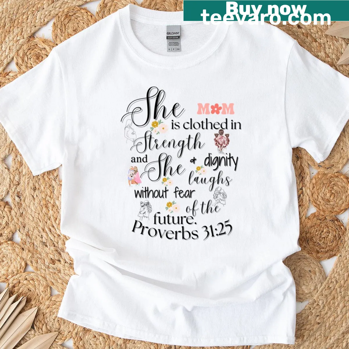 Typography graphic featuring Proverbs 31:25 on T-shirt — on a men's t-shirt