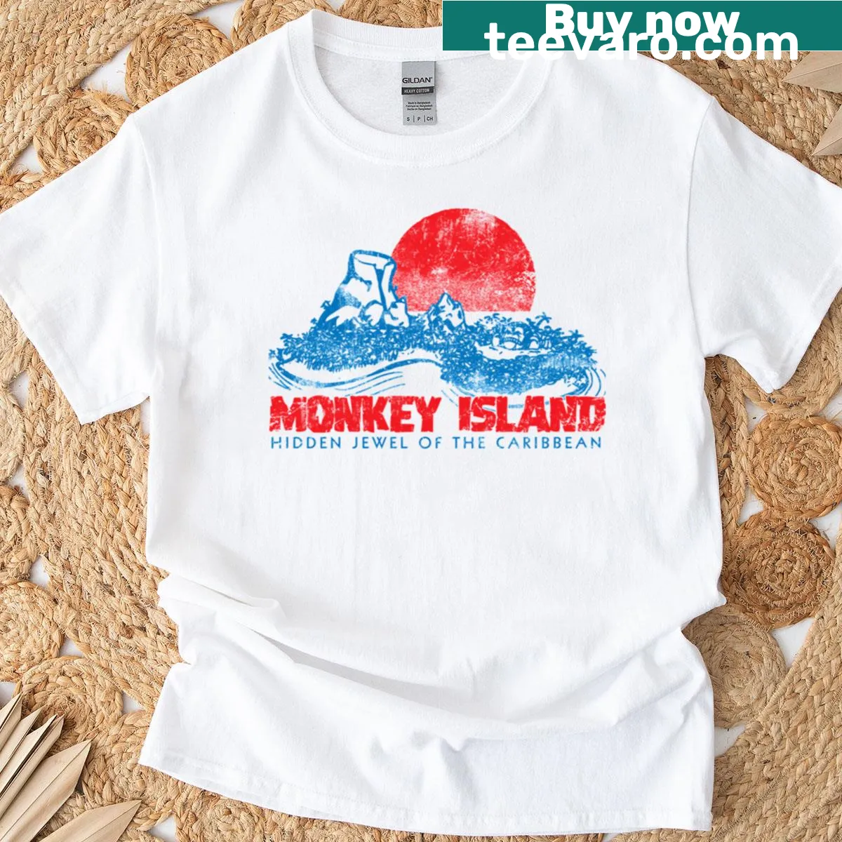 Illustrated t-shirt featuring iconic elements from Monkey Island — on a men's t-shirt