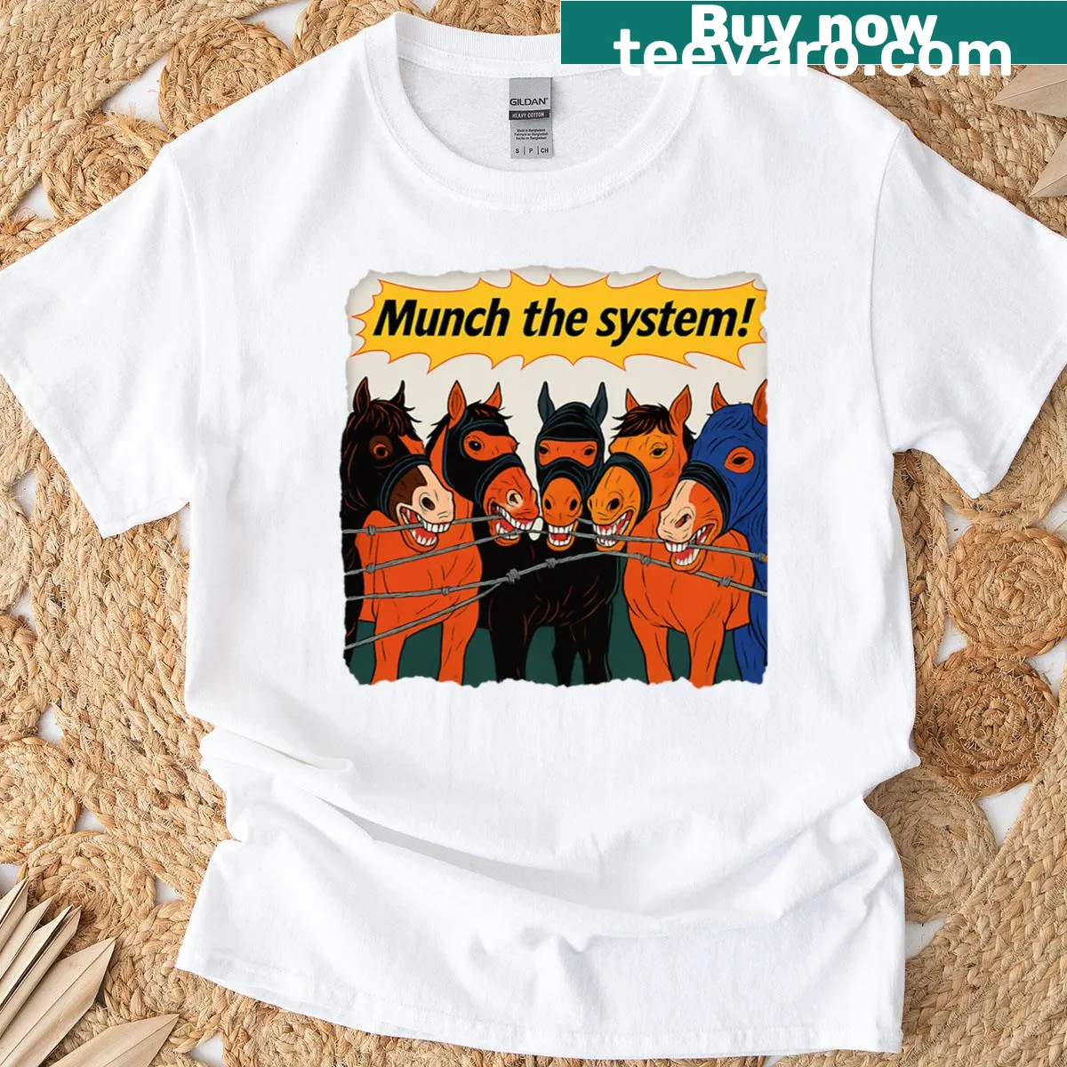 Cartoon-style t-shirt featuring 'Munch The System Warhoof Riot Crew' design — on a men's t-shirt