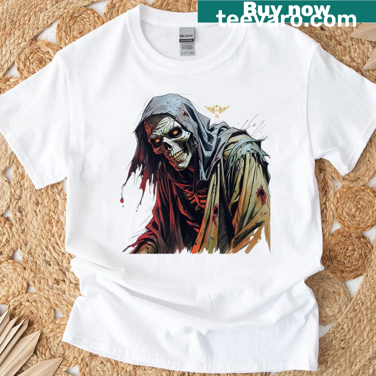 Illustration of a hooded zombie walking through fog in dark hues. — on a men's t-shirt