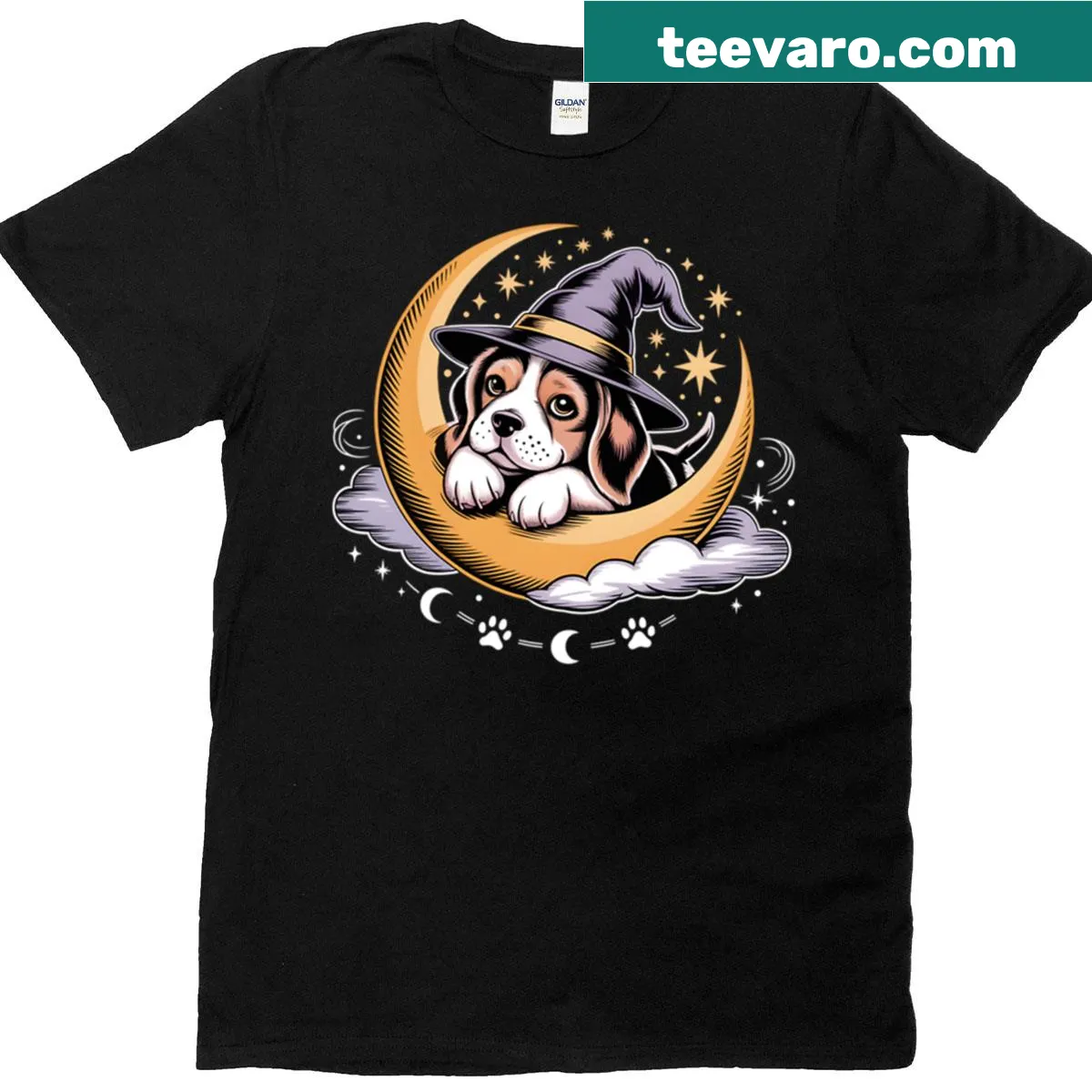 Retro Halloween T-shirt featuring a dog under a mystical moon — on a men's t-shirt