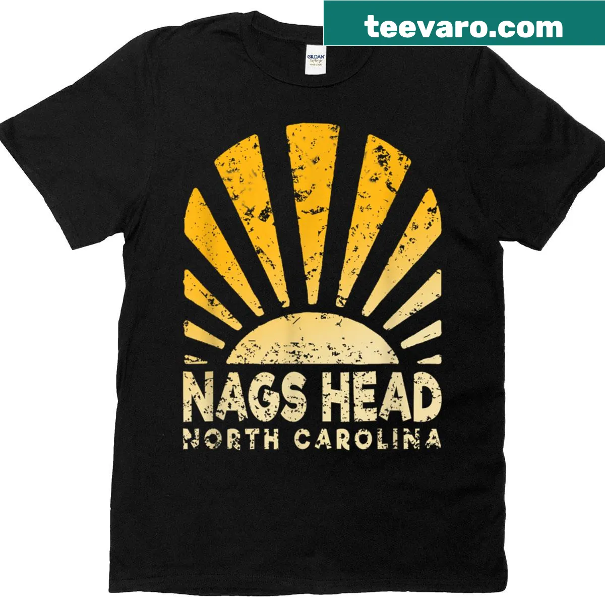 Illustrated beach scene representing Nags Head, North Carolina — on a men's t-shirt