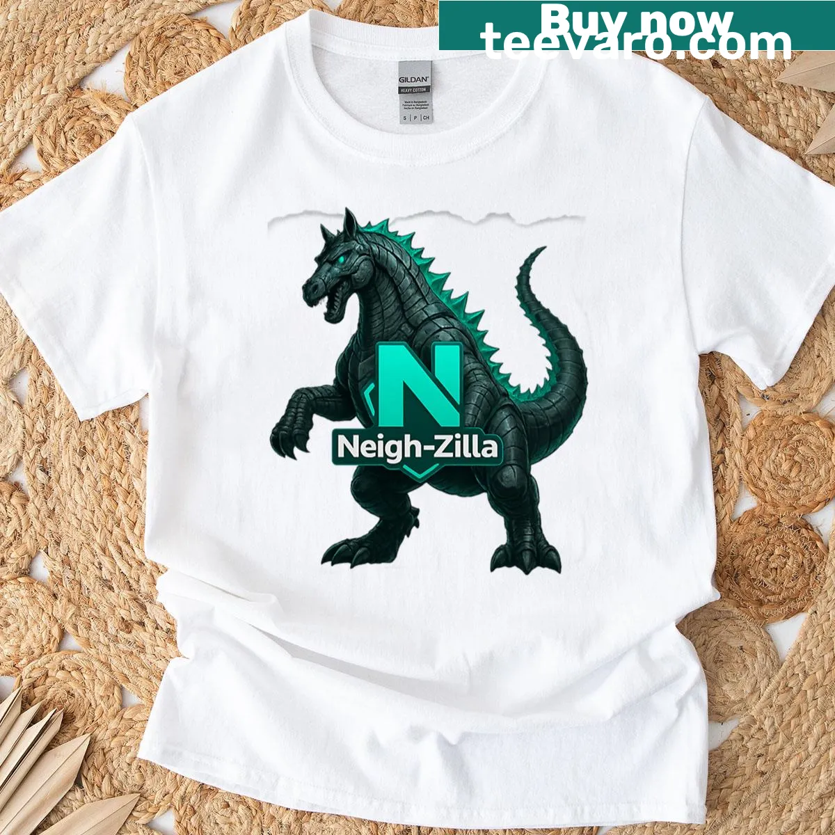 Playful t-shirt featuring Neigh-zilla, a whimsical horse graphic — on a men's t-shirt