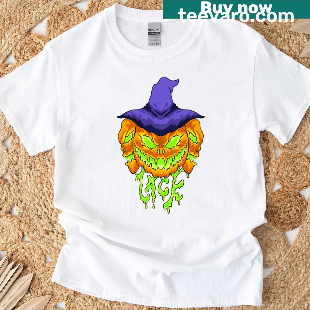Neon evil pumpkin with witch hat and dripping slime graphic — on a men's t-shirt