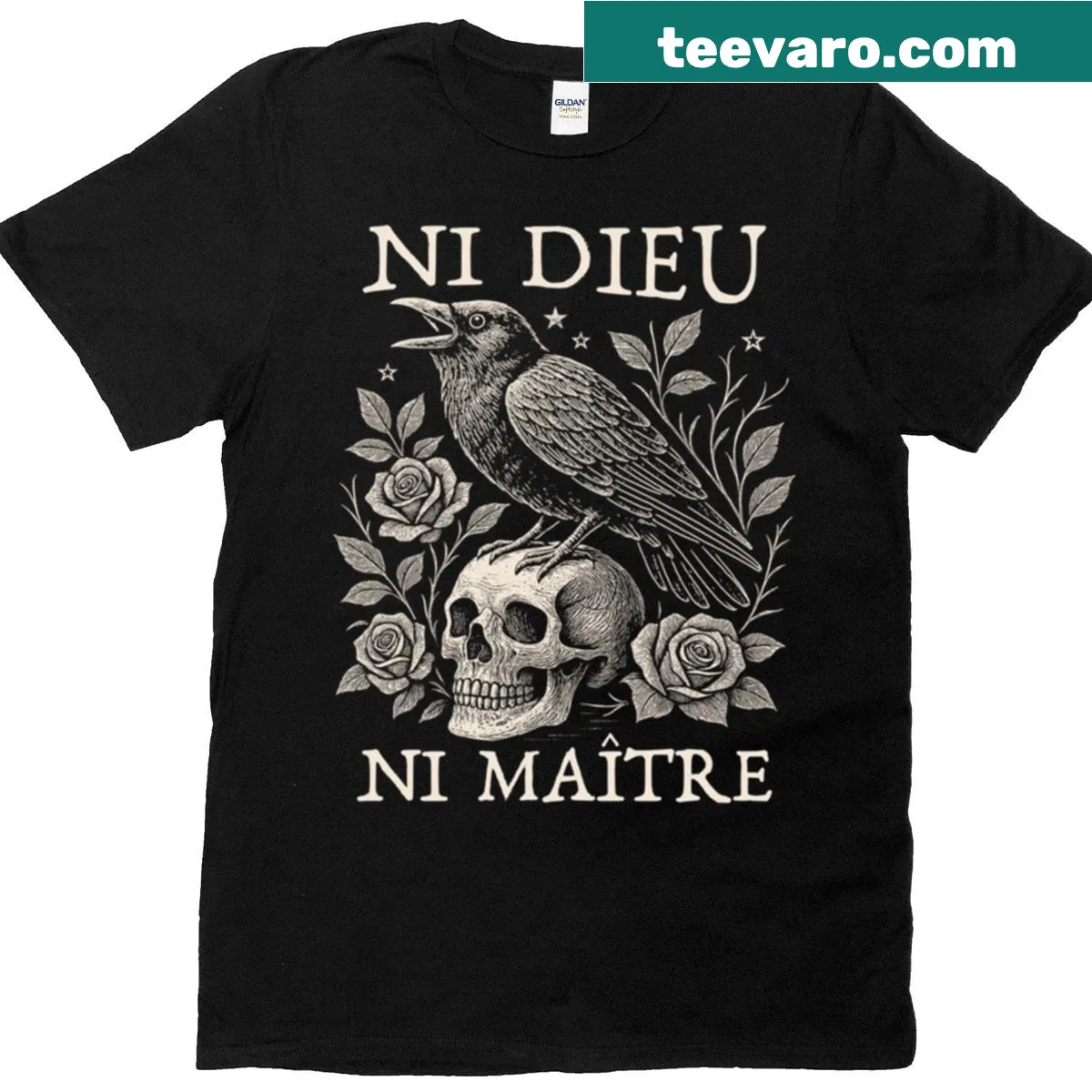 Floral crow skull design on a T-shirt with intricate patterns — on a men's t-shirt