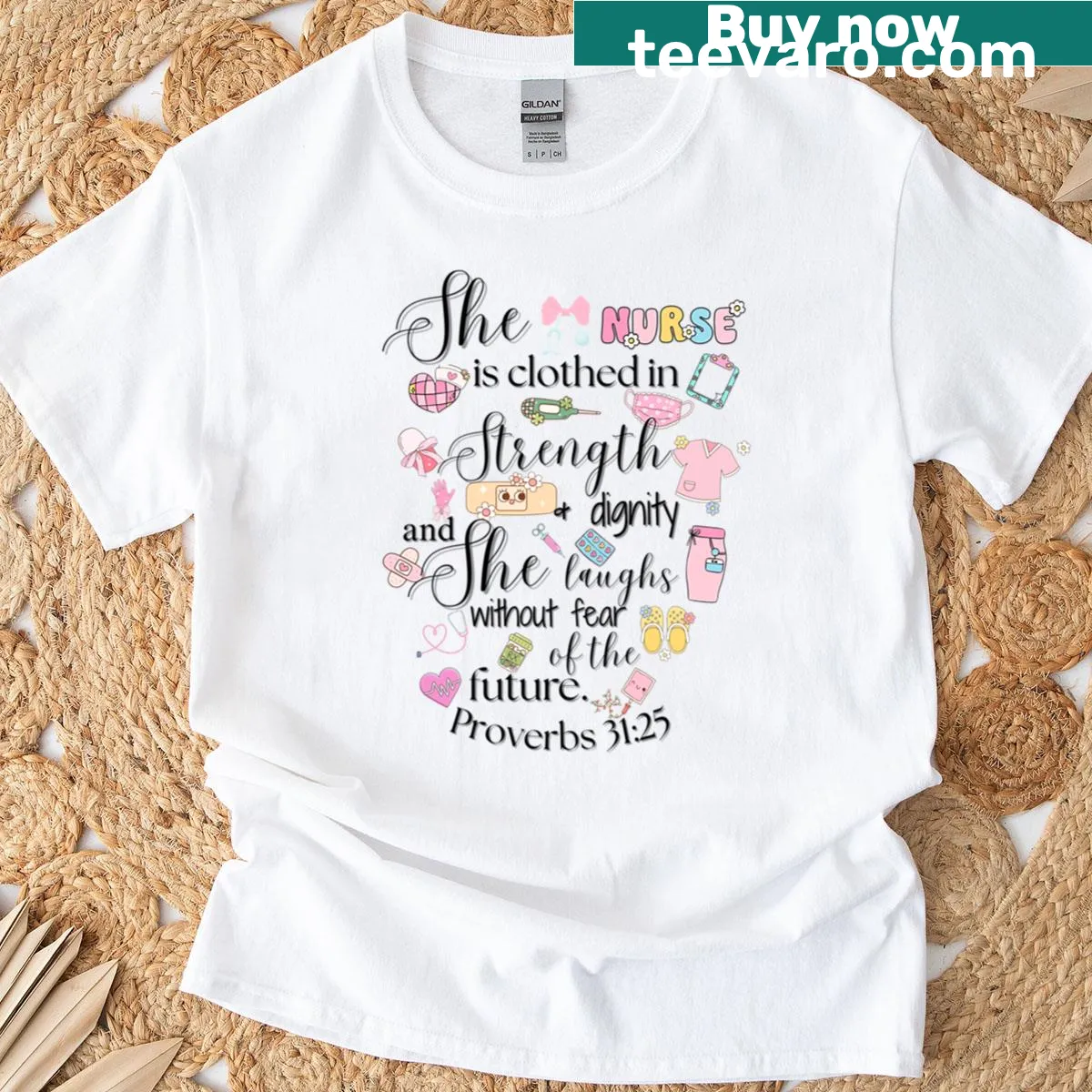 Cute nurse T-shirt with Proverbs 31:25 quote — on a men's t-shirt