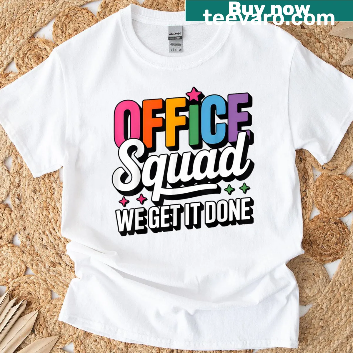 Text 'Office Squad We Get It Done' on a t-shirt — on a men's t-shirt