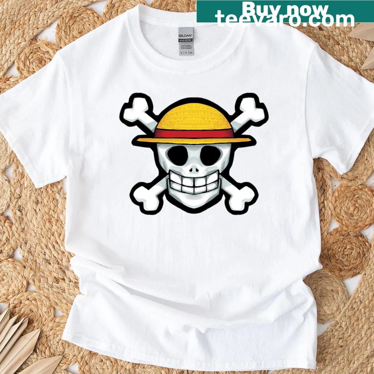 Pirate-themed t-shirt with Straw Hats emblem and skull design — on a men's t-shirt