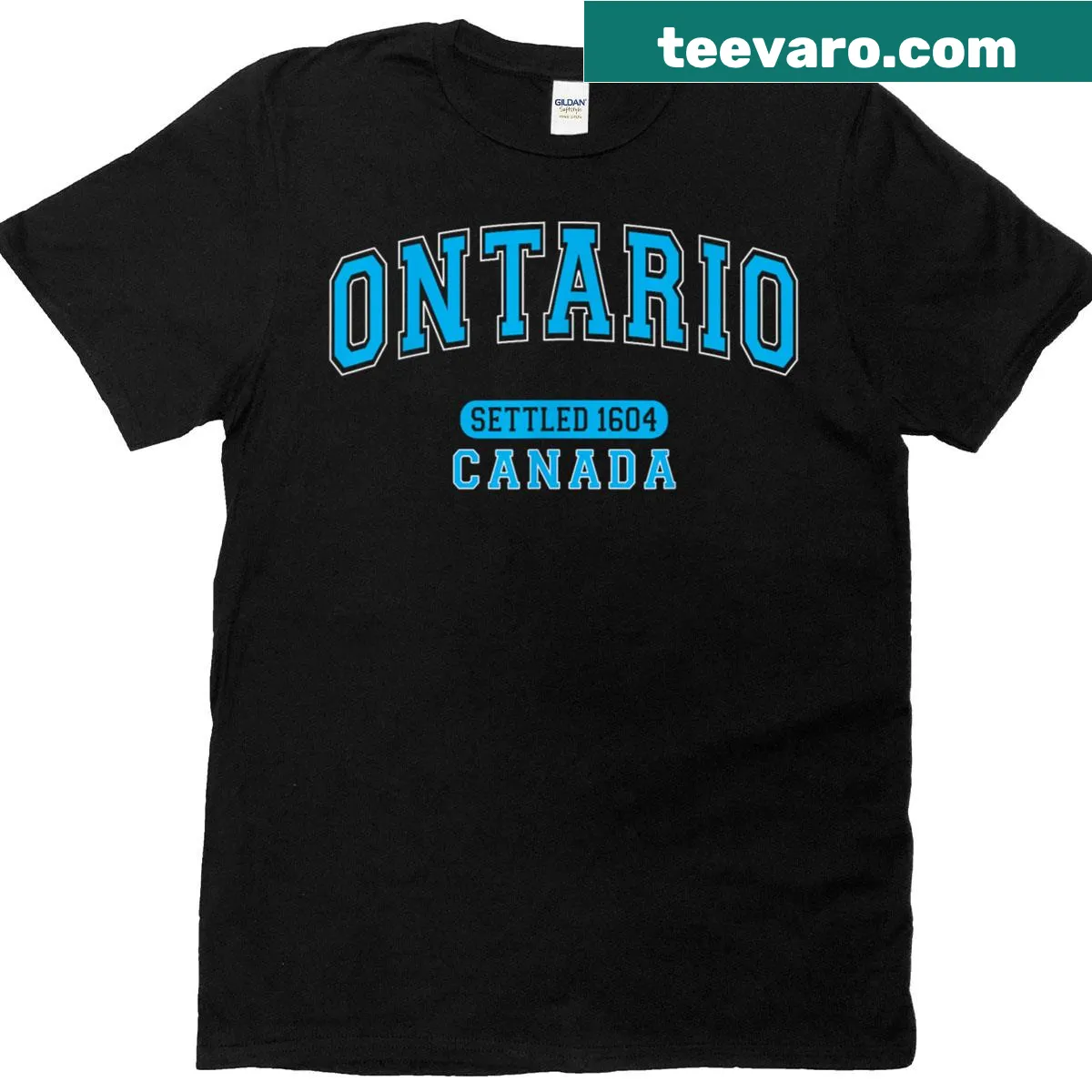 Ontario Canada Settled 1604 text T-shirt — on a men's t-shirt