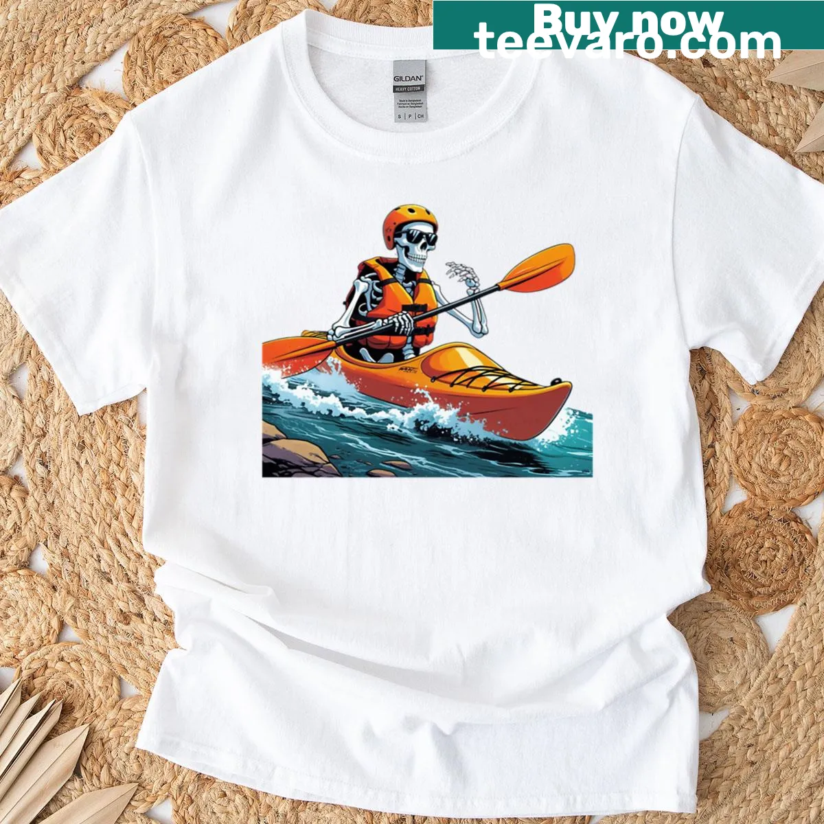 Oversized T-shirt with a skeleton kayaker and playful text — on a men's t-shirt