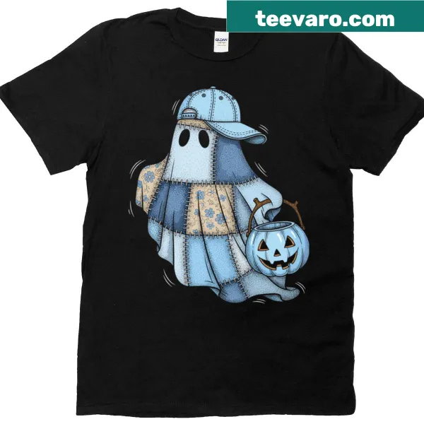 Cute patchwork ghost boy with hat and pumpkin design for Halloween