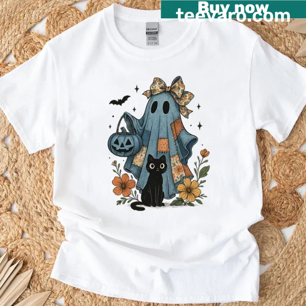 Halloween-themed T-shirt with patchwork ghost and black cat design.