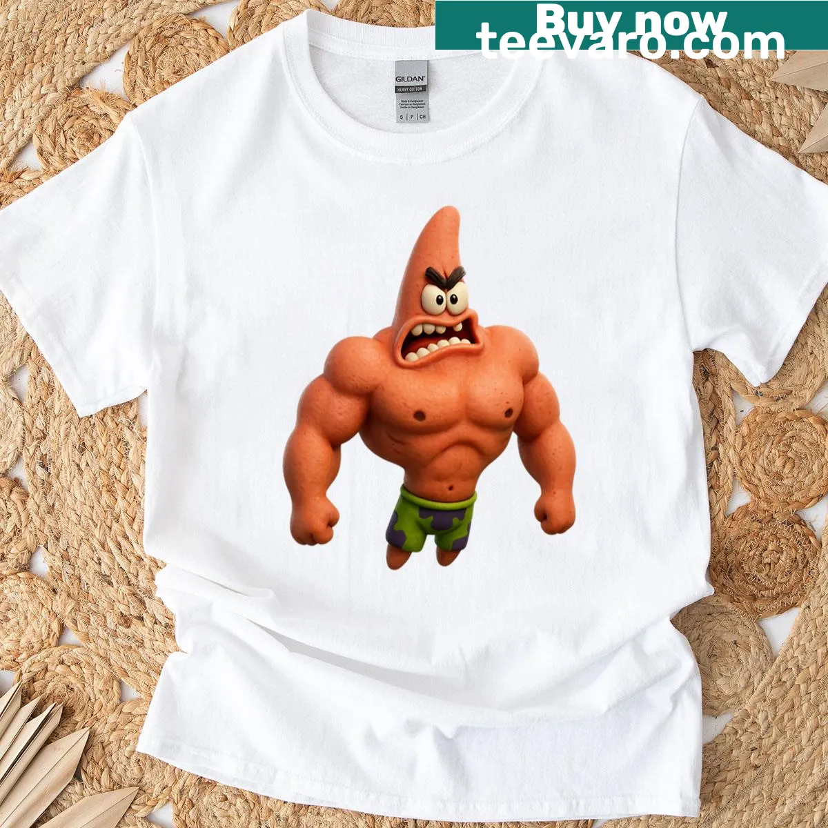 Patrick Star illustrated as a muscled character on a fun t-shirt — on a men's t-shirt