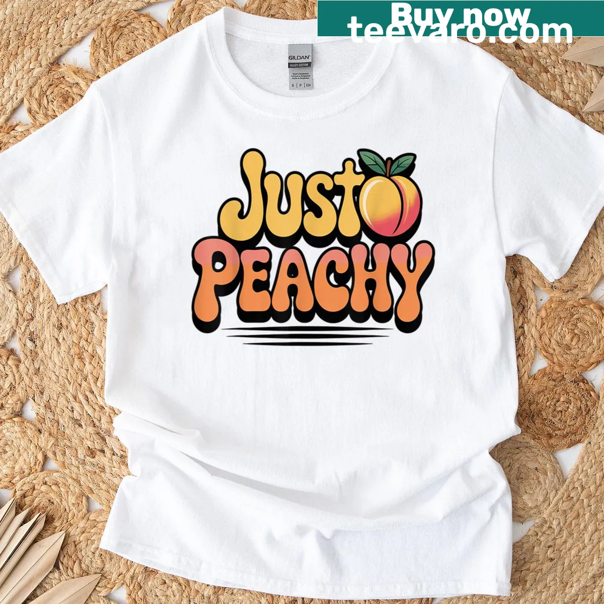Vintage-style t-shirt with playful peach graphics and retro font — on a men's t-shirt