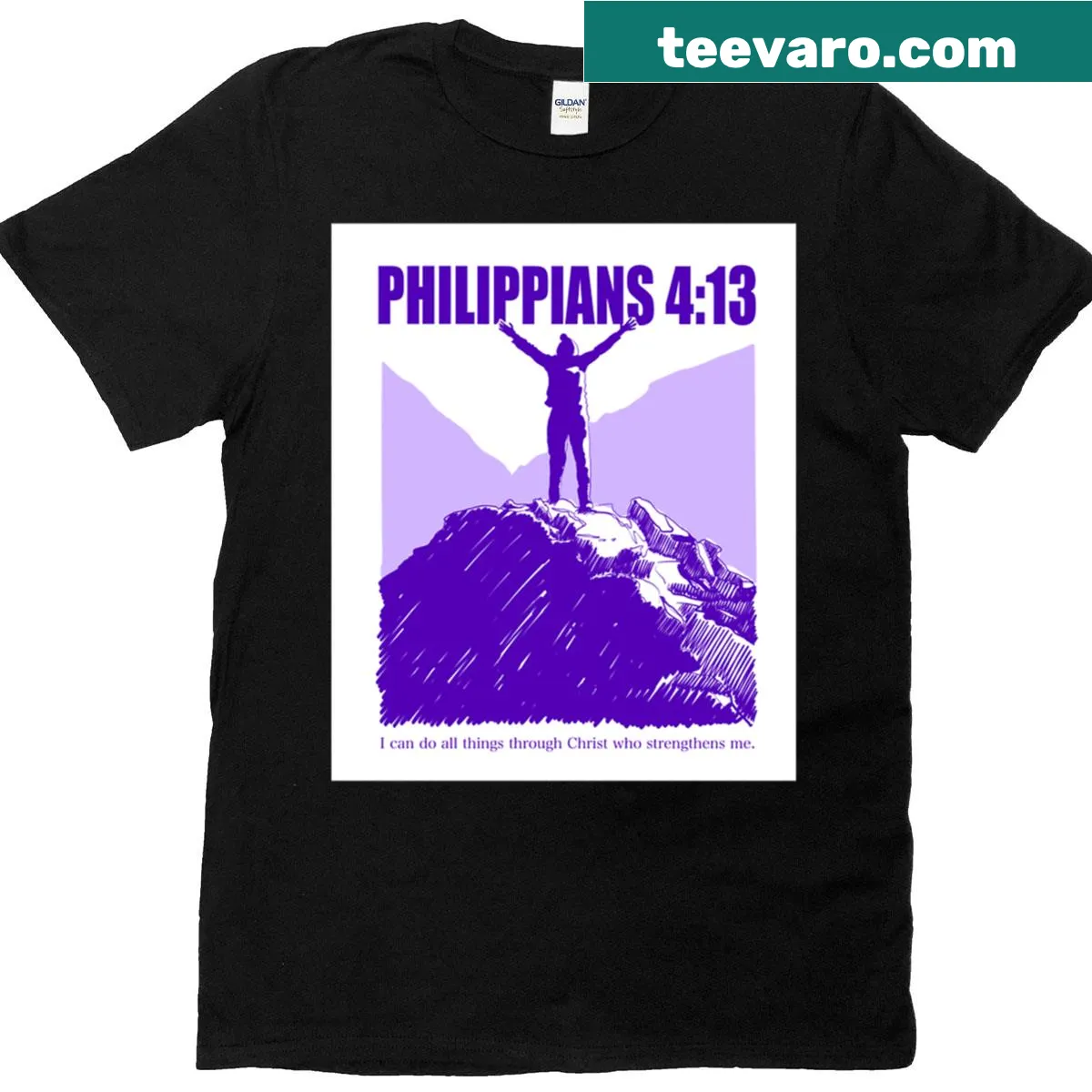 Philippians 4:13 mountain design T-shirt — on a men's t-shirt