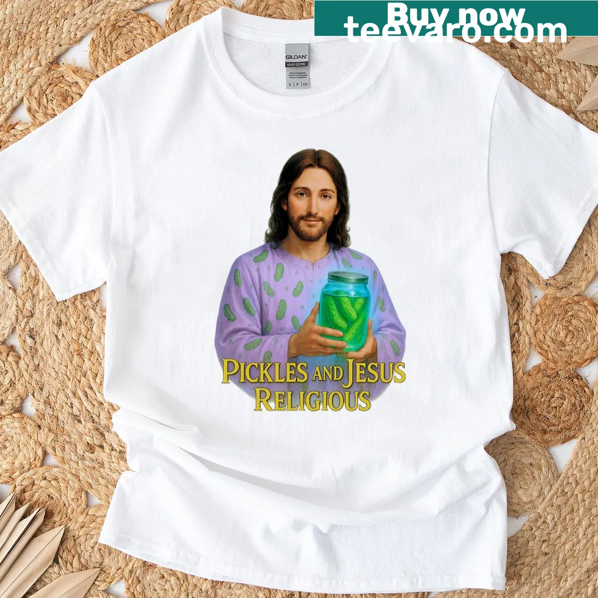 Whimsical tee with the phrase 'Pickles And Jesus'. — on a men's t-shirt