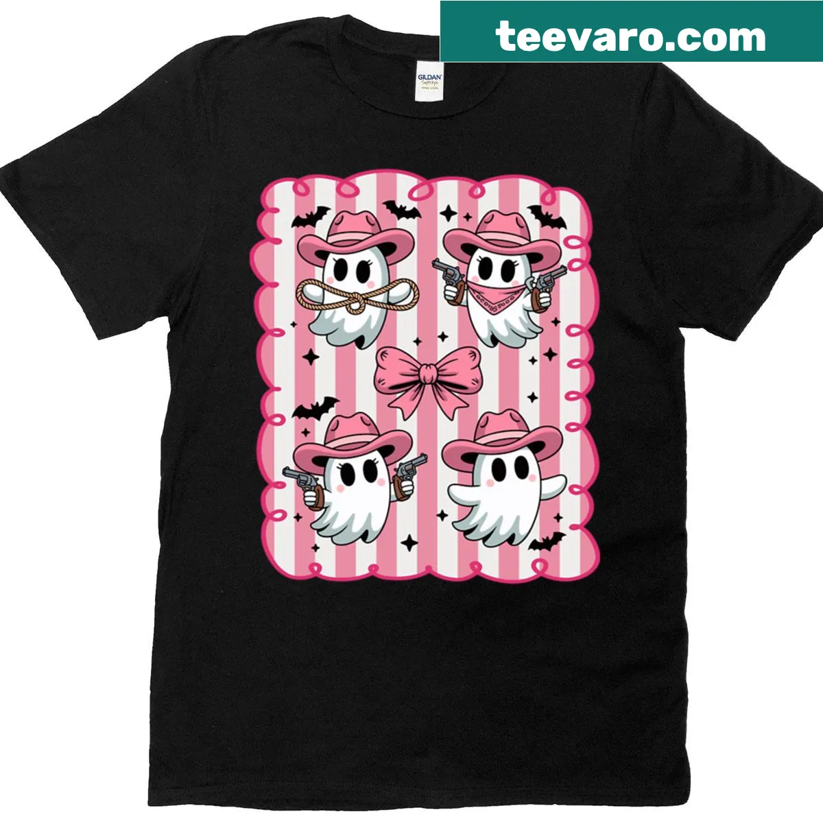 Cute pink cowgirl ghosts on striped Halloween shirt — on a men's t-shirt
