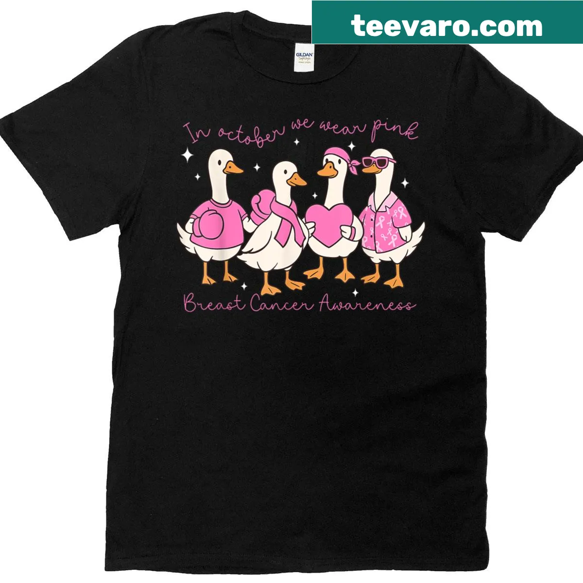 Goose Squad t-shirt with pink ribbon design for awareness — on a men's t-shirt
