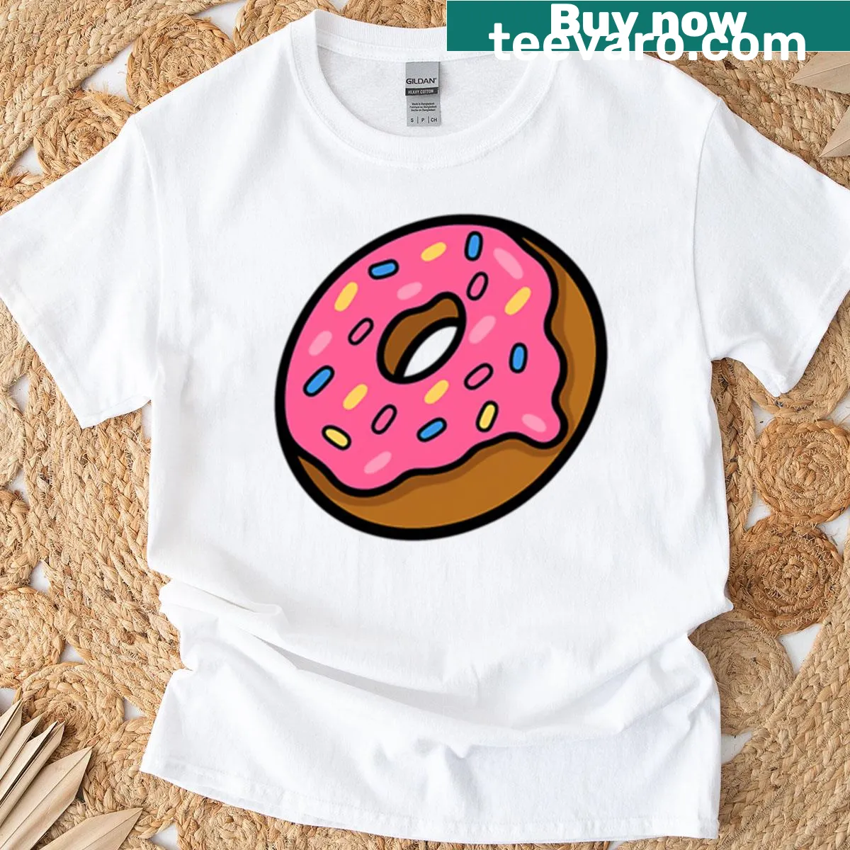 Cute cartoon donut T-shirt with pink sprinkles, no text. — on a men's t-shirt