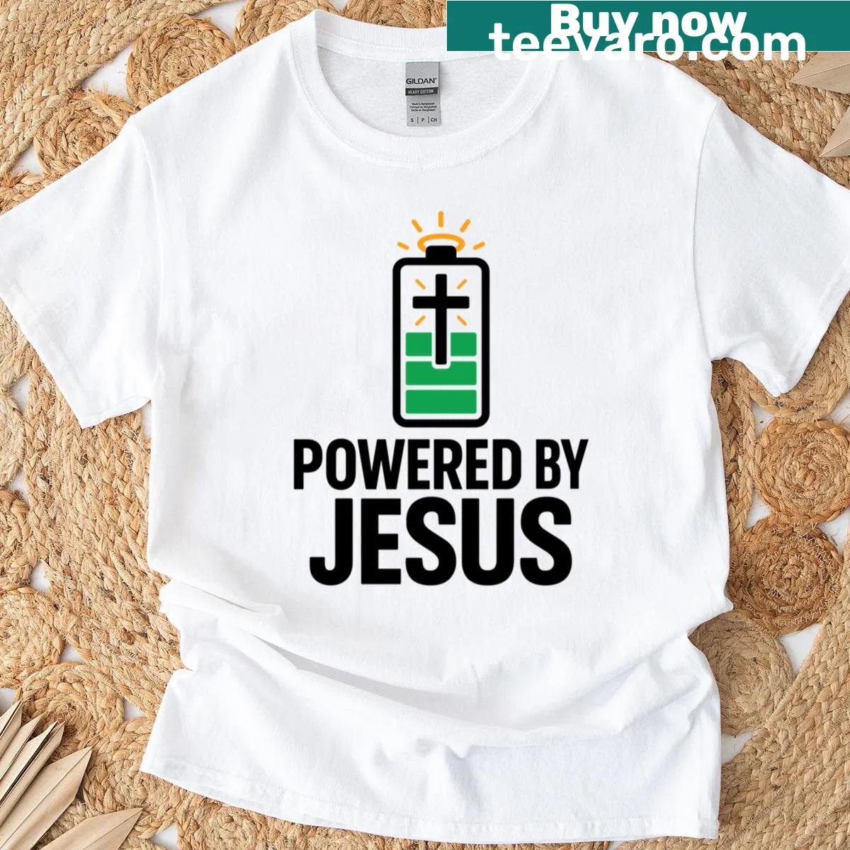Typography design with 'Powered By Jesus' phrase on a tee — on a men's t-shirt