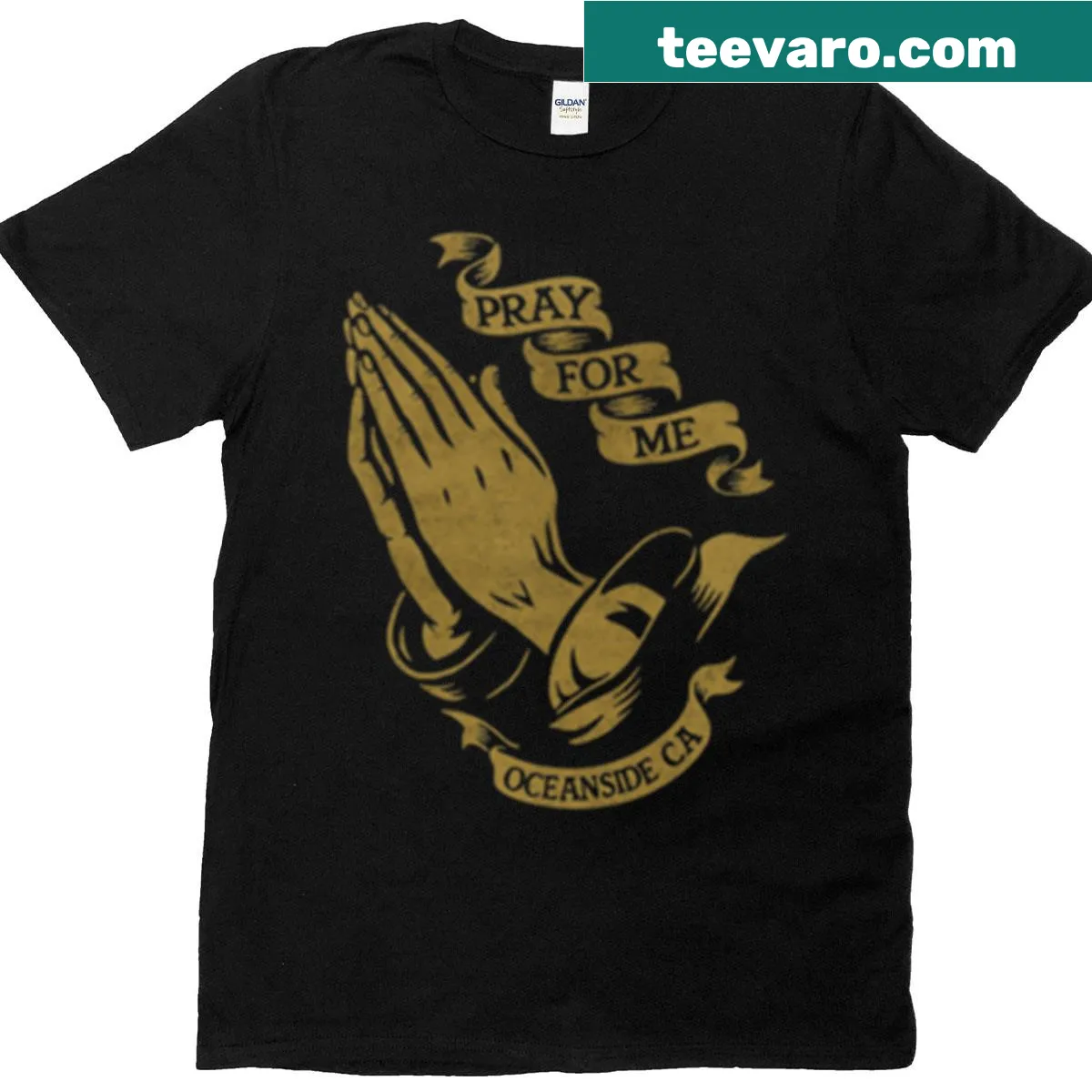 Vintage tattoo-style graphic T-shirt with Pray For Me Oceanside CA — on a men's t-shirt