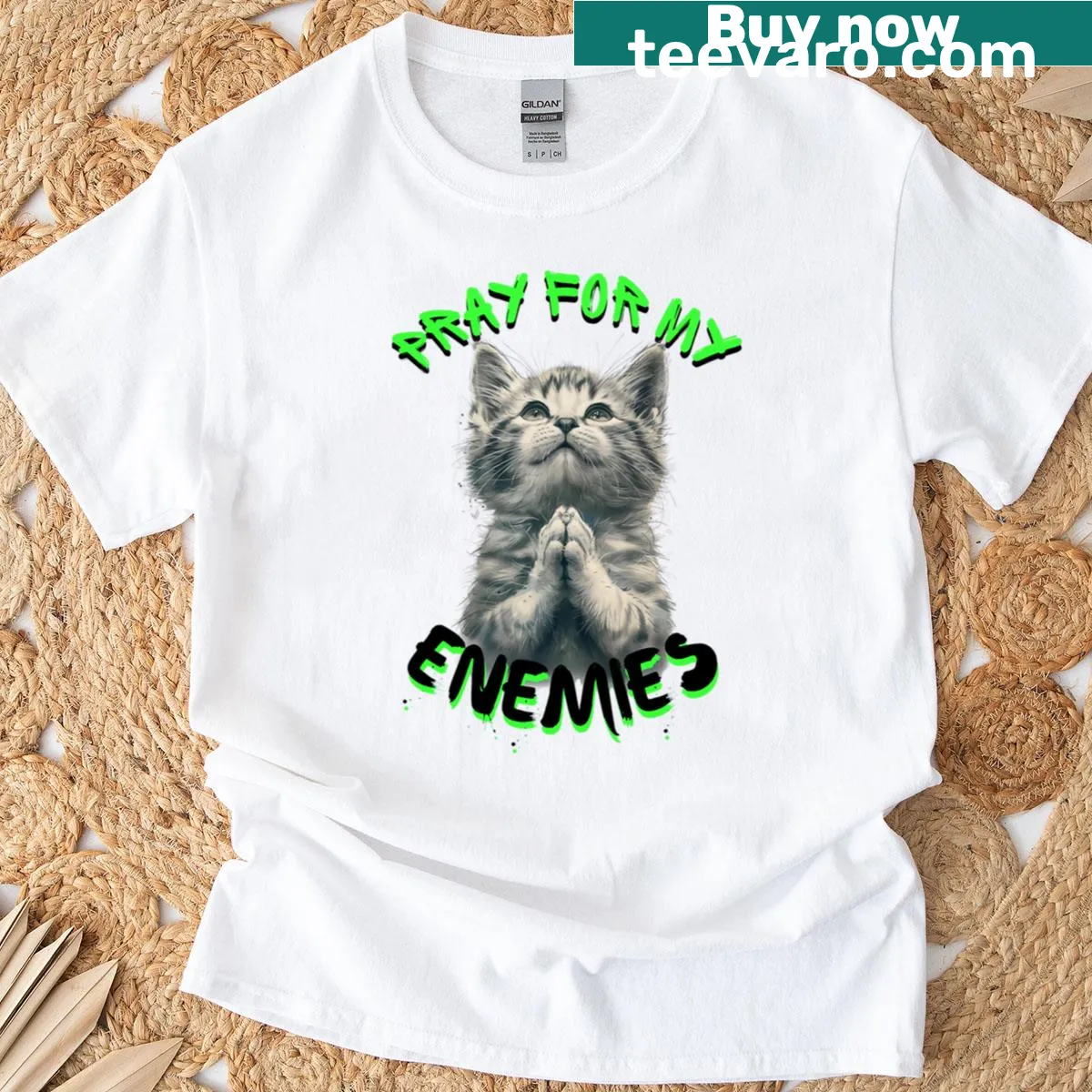 Oversized t-shirt with a savage cat meme illustration — on a men's t-shirt