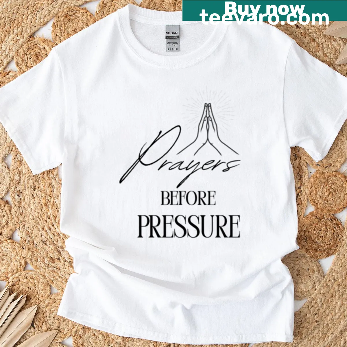 Inspirational T-shirt with 'Prayers Before Pressure' text design. — on a men's t-shirt