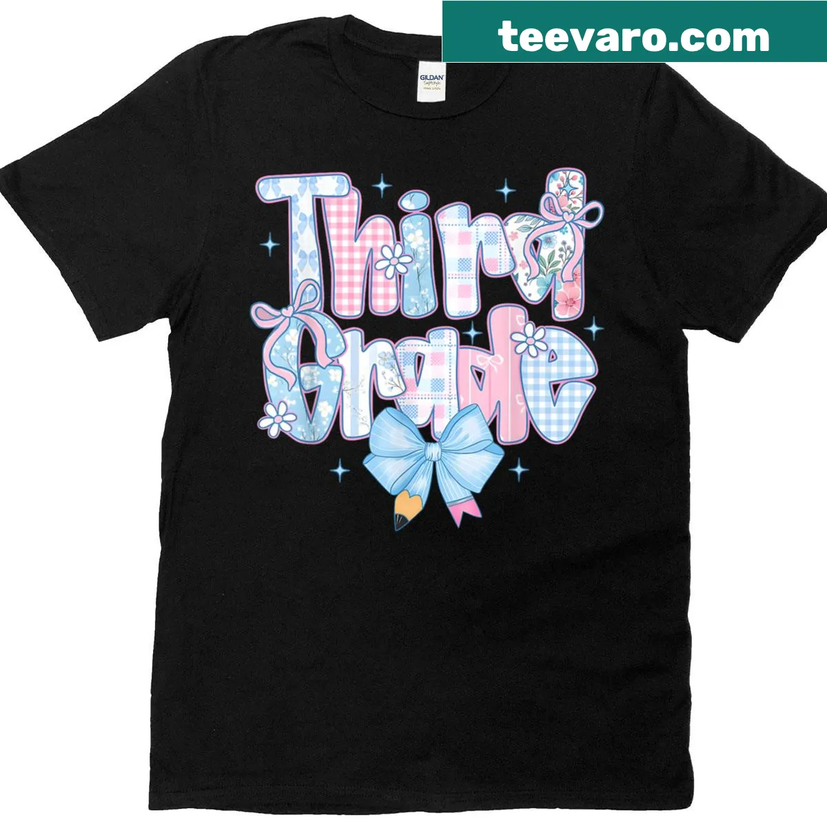Third grade teacher shirt with bow and back to school theme — on a men's t-shirt