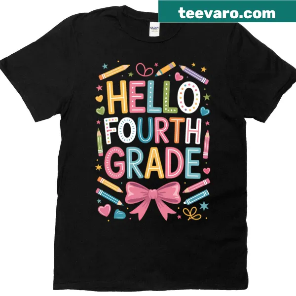 Back-to-school teacher t-shirt with Hello graphic and bow design