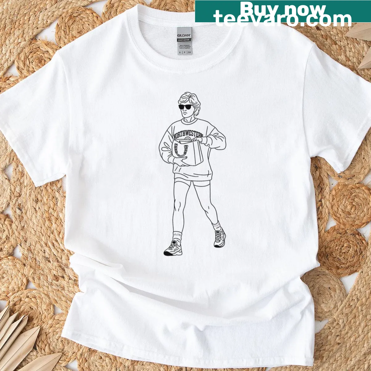 Line-art depiction of Princess Diana in casual style on t-shirt — on a men's t-shirt