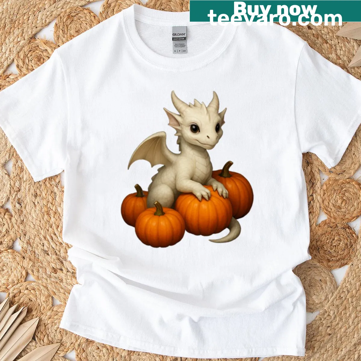 Illustrated pumpkin dragon design on a T-shirt — on a men's t-shirt