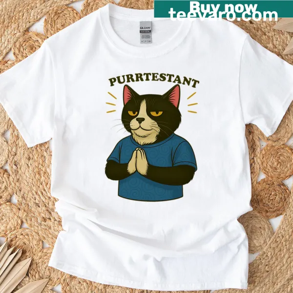 Oversized T-shirt with 'Purrtestant Cat' pun in playful typography